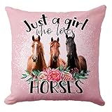 Just A Girl Who Loves Horses Pink Pillow Cover, Horse Gifts for Girls, Decorative Western Farmhouse Animal Pillow Cover for Bedroom Living Rooms Sofa Couch 18×18 Inch