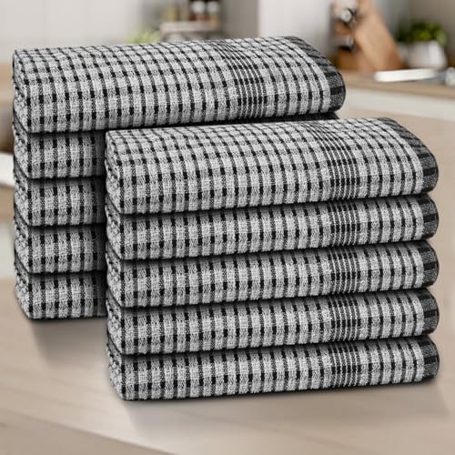 ZZZMRH Wonderdry Tea towels pack of 10 for kitchen-100% cotton,Highly AbsorbentQuality tea towels for catering bar and home pub uk size 70x50 cm (Black)