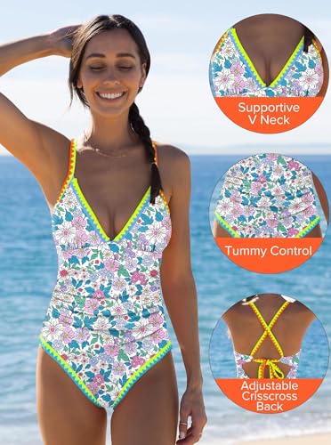 Image of popvil Women One Piece Swimsuit Colorblock Ruched Bathing Suit | Adjustable slider straps, Multi neon trim, Long torso, Detachable padding, Quick dry fabric, Beach Vacation