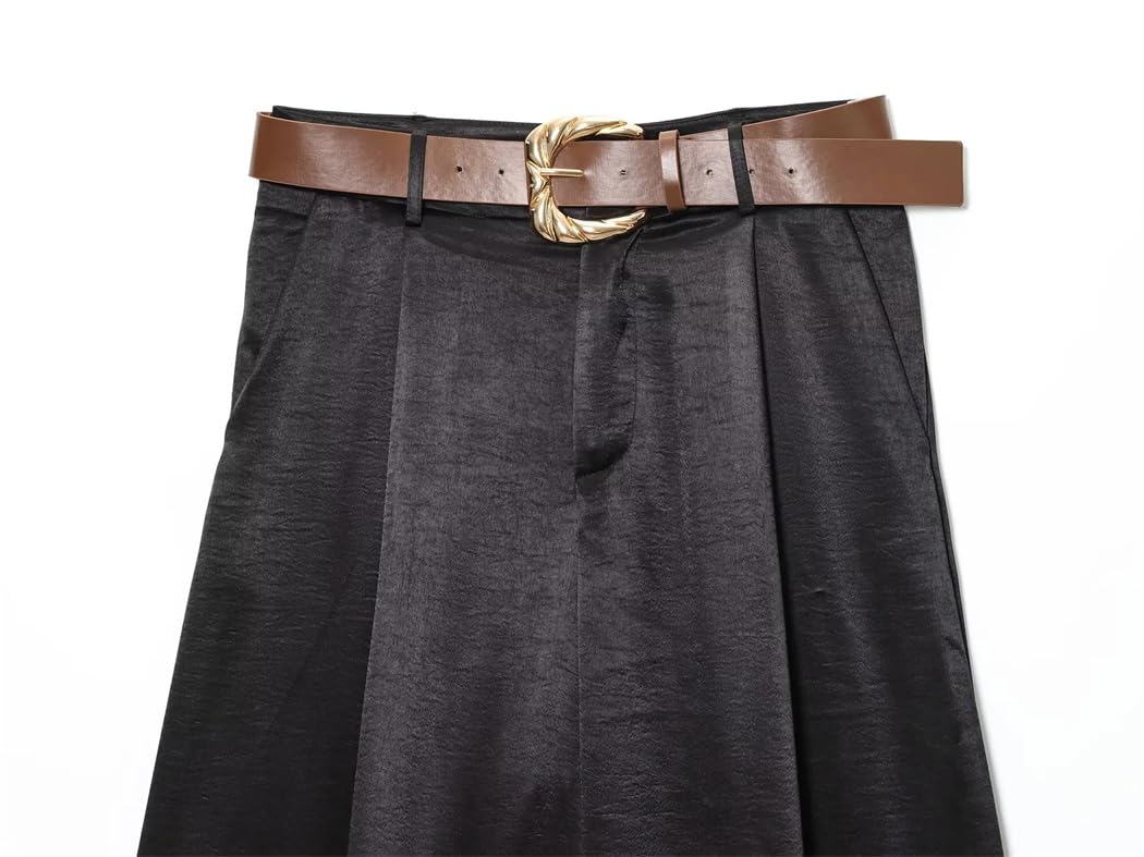 Pantalones de verano plisados de satén para mujer, de pierna ancha, con cinturón, cintura alta, color liso, pantalones ligeros