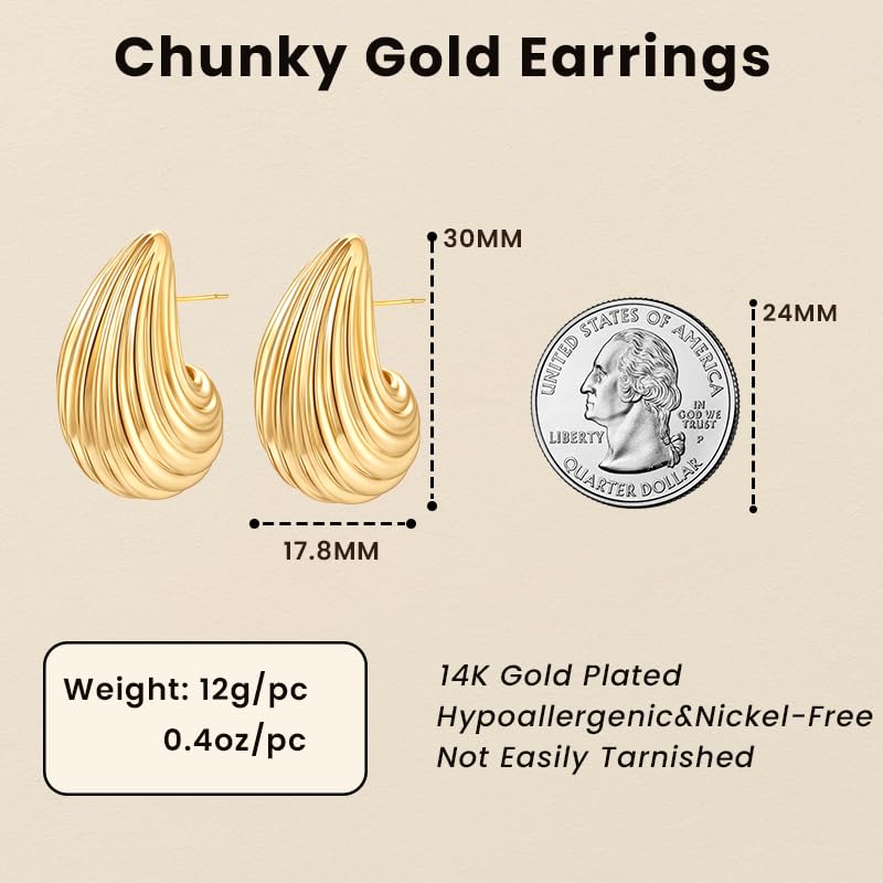 Teardrop Gold Chunky Hoop Trendy Earrings for Women, Shell Hollow Hyperallergenic 14K Gold Plated Drop Earrings Fashion Jewelry Gift2