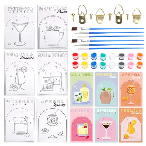 TMZELOA 6 pièces peinture par numéros adultes, 21x30 cm sans cadre, peinture par numéros cocktail avec peintures acrylique 2×8×3 ml et set de pinceaux 2×3, toile peintures par numéro cuisine bar