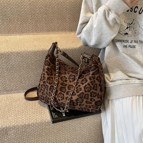 Image of Leopard Faux Suede Purse for Women Cheetah Print Handbags Shoulder Purse Hobo purse (Brown)