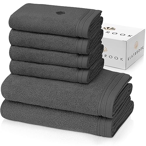 KLASBROOK® Linnea 6 teiliges Luxus Handtücher Set Anthrazit, extra flauschig und saugfähig aus 100% Baumwolle Oeko-TEX 100 Zertifiziert mit Aufhänger, 4 Handtücher 50x100 + 2 Badetücher 70x140