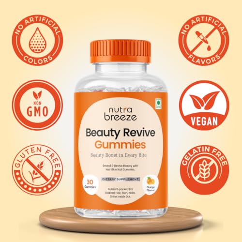 Image of Nutrabreeze Biotin Hair Gummies For Women and Men | Beauty Revive Gummies For Hair Growth, Skin Glow & Strong Nails | Orange Flavour | Biotin For Hair Growth | 30 Day Pack
