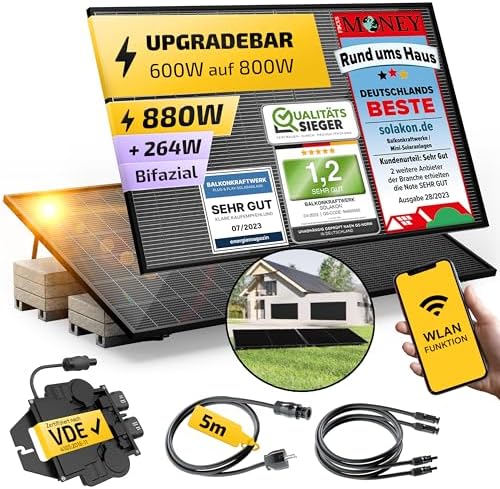 Solakon® 880W Balkonkraftwerk 800W / 600W komplett Steckdose - Upgradebarer Wechselrichter - Inklusive Halterung - 440W Bifaziale Solarmodule & 600W/800W Wechselrichter & Zubehör