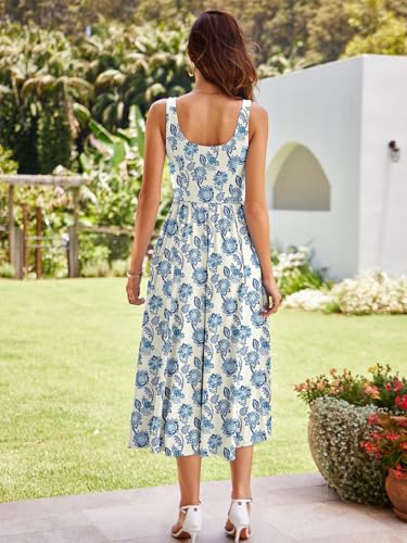 Image of Sureple Midi Dresses for Women 2026 Spring Square Neck Tank Sleeveless A Line Casual Summer Sundresses with Pockets