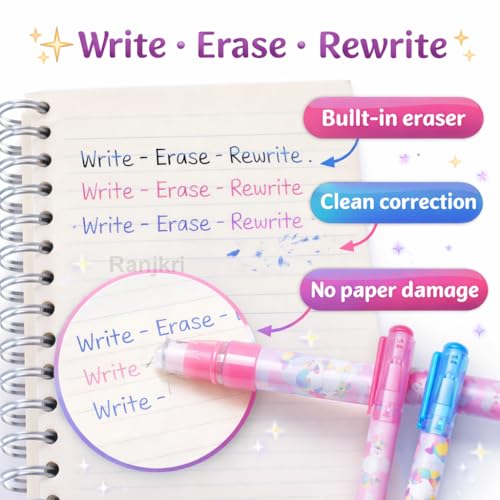 Image of 12 Pcs Unicoorn Theme Erasable Gel Pens Set for Kids & Students | 0.5mm Smooth Writing Blue Ink | Cute Kawaii School Stationery | Write Erase Rewrite Pens with Storage Box for School