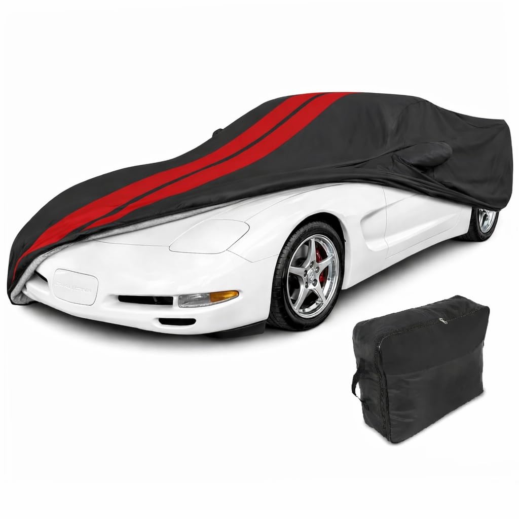 SR1 Performance USA C5 Corvette Car Cover Custom Fit Outdoor/Indoor UV Rain Protection - Ultraguard Plus 300 Denier High End for 1997-2004 C5 Coupe, Convertible, Z06 Corvettes (Black with Red Stripes)