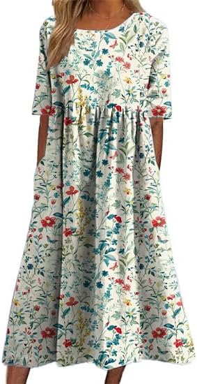 Summer Boho Dress Floral Print Short Sleeve Crewneck Casual Fashion High Waist Dres...