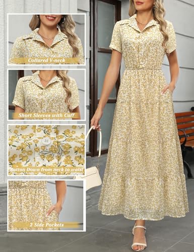 Image of Kranda Women 2026 Summer Collared V Neck Short Sleeve Button Down Chiffon Long Tiered Floral Maxi Dress with Pockets