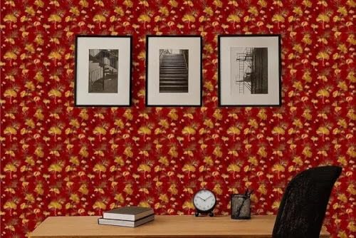 Image of Wallpaper for Walls | Vertical Wood Wall Stickers for Wall Decor | Self Adhersive Wall Paper for Home Kitchen Living Room and Bedroom | 45 Cm X 500 Cm (Red & Gold Botanical Elegance)