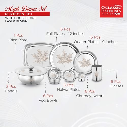 Image of Classic Essentials Stainless Steel 61-Piece Dinner Set for 6 People | Heavy Gauge Kitchen Dining Set | Permanent Laser-Maple Design | Durable Rust-Resistant Tableware for Home & Festive Use