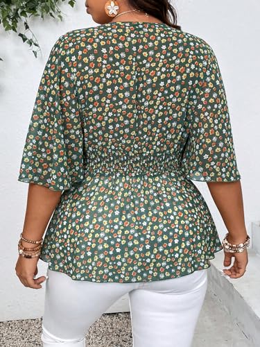 SOLY HUX Women's Plus Size V Neck Blouses Floral Print Flowy Peplum Tops Summer Ruffle Chiffon Shirts2