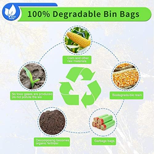 Bin liners 15L,Bamyko Thick Biodegradable Trash Bags with Tie Tape Drawstring Handles, Compostable Bin Bags Fit 10L-15L Food Waste Caddy Pedal Swing, Kitchen, Office, Home ( 100 Bags, Green )