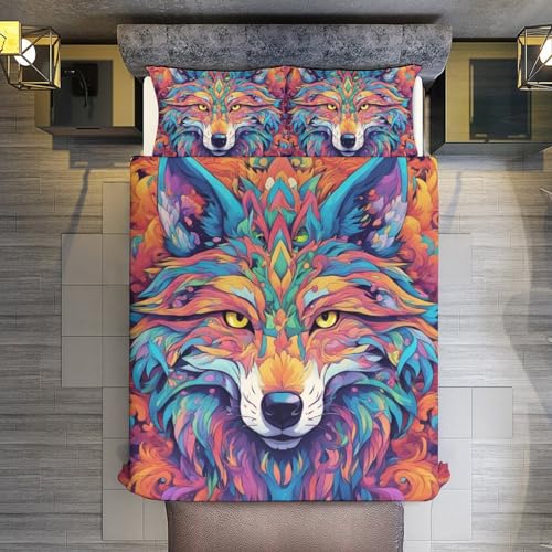 ZGDPBYF Conjunto de colcha King Size 3 peças, lobo animal selvagem psicodélico abstrato padrão lobo
