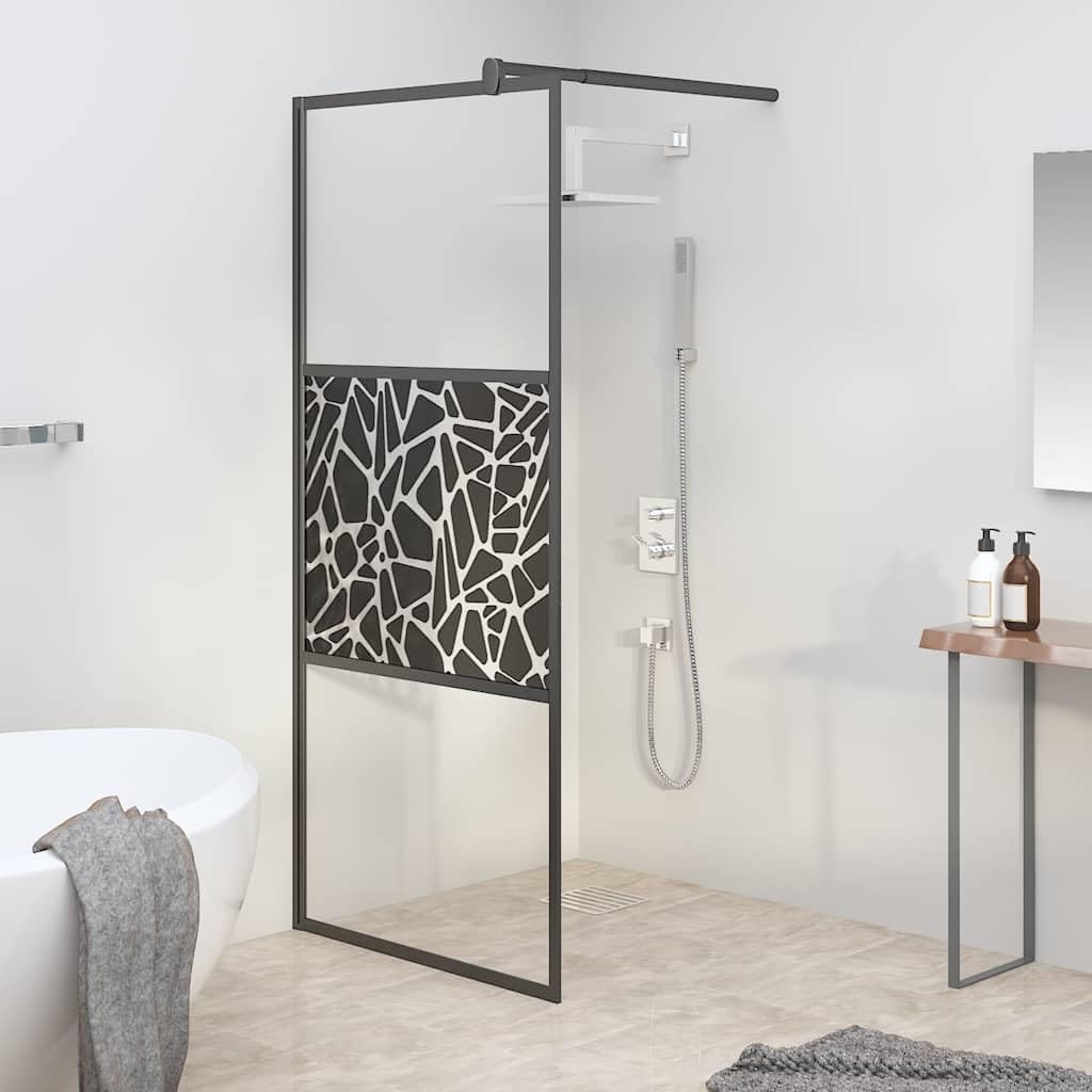 Mampara de ducha Walk-In de 90 x 195 cm, cristal templado con diseño de piedra negra, marco de aluminio, barra de soporte ajustable, protección contra salpicaduras, pared lateral de bañera