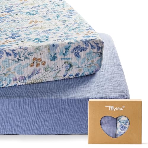 TILLYOU Muslin Crib Sheets Blue Flower
