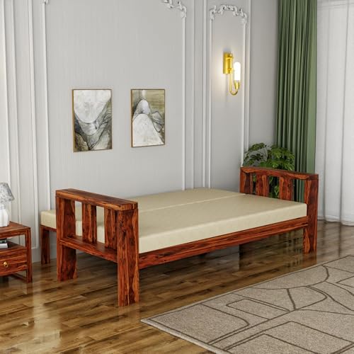 Image of Solid Sheesham Wood Sofa Cum Bed | Wooden Sofa Cum Bed for Living Room | Space Saving Wooden 3 Seater Sofa with Bed for Bedroom, Folding Bed with Mattresses (Honey Finish)