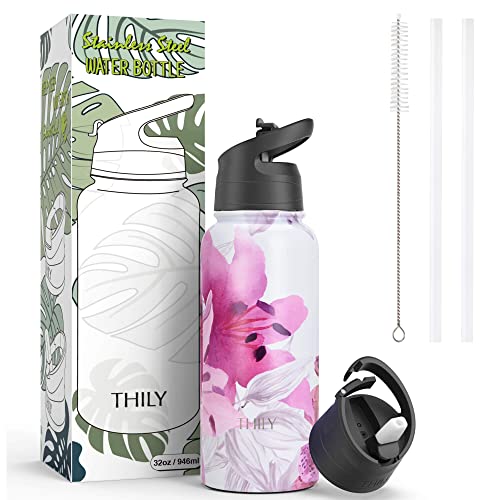 Thily Stainless Steel Sports Water Bottle Vacuum Insulated 32 Oz Leakproof Wide Mouth Water Flask With 2 Lids And Straws, Keep Hot 12 Hours Cold 36 Hours, Bpa Free, Lotus Flower #TOP4