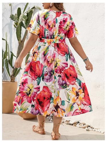 Image of Floerns Women's Plus Size Boho Floral V Neck Short Sleeve A Line Long Dress