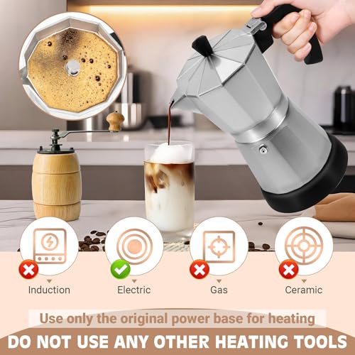 Image of Silver Aluminum Electric Moka Pot, 3 or 6 Cups Espresso Maker with Dose Reduction Plate