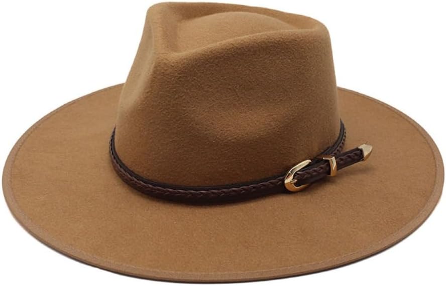 Classic White Fedora Hat with Brown Leather Band, Wide Brim Sun Hat, Gold Buckle Detail