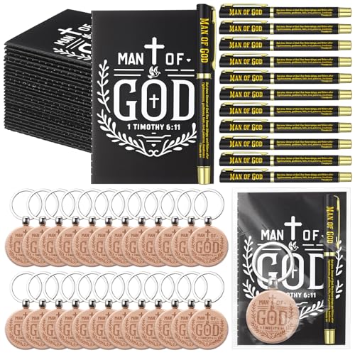 Chiisong 75 Pcs/25 Set Man of God Gifts Bulk Father's Day Christian Mini Journal Notebook Religious Bible Verse Ballpoint Pen Christian Keychain, Gift for Father's Day Men Dad Church Member (Round)