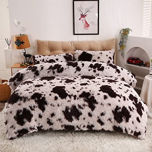 Suncloris Luxury Fluffy Plush Shaggy Duvet Cover Set for Kids and Adults, Black White Cow Themed Flannel Velvet Quilt Bedspread Cover Set with 2 Fuzzy Faux Fur Pillowcases (Brown, Queen)