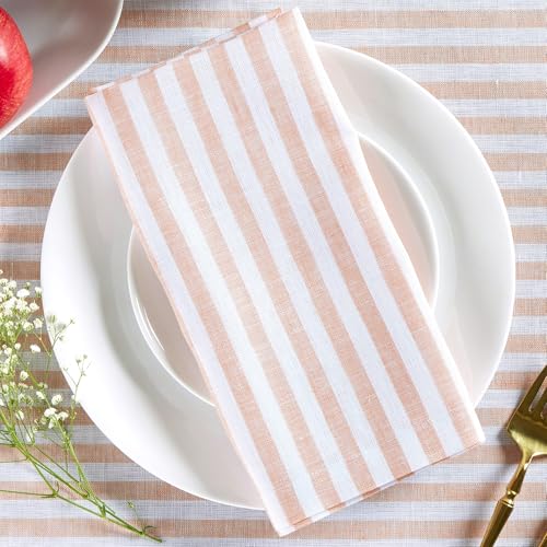 Image of Solino Home 100% Linen Napkins, 20 x 20 in, Coral, Amalfi Stripe, Set of 4 | a finishing touch for meals, weddings and holidays, woven stripe, European flax fibres, machine washable, OEKO-TEX Certified