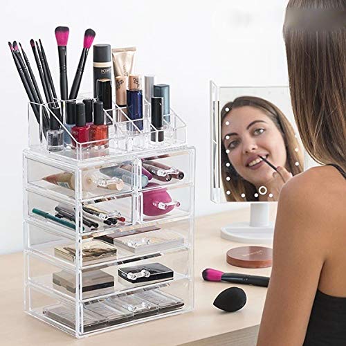 MODEZVOUS Make-up-Organizer, 2-in-1, Kosmetik-Organizer, 7 Schubladen, Acryl - 24 x 36 x 16 cm - transparent Cover