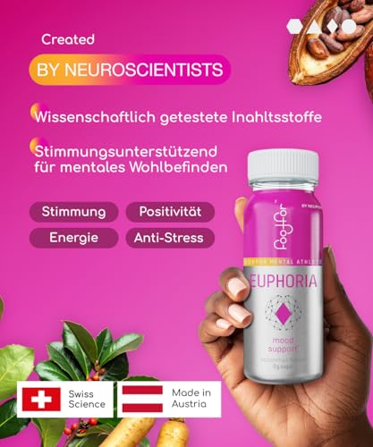 FOODFOR EUPHORIA Serotonin shot – Mit Inositol, Taurine, Mate-Extrakt, L-Tryptophan, Kakaobohnen & Ginseng – Zuckerfrei, Vegan, Schnell wirksam, Stimmungs- und Energie-Booster, 60ml | 6-Pack