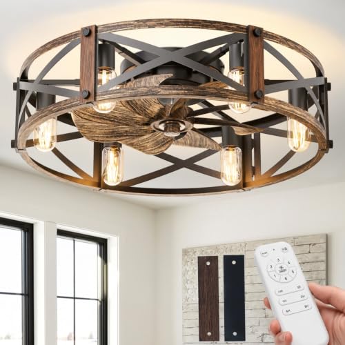 Image of Passky 24 inch Caged Ceiling Fans with Lights and Remote, Low Profile Fandelier | Reversible DC Motor, 1 /2 /4 /8H Timer, 6 Speeds, Farmhouse, Quiet Operation, 6 E26 Sockets, For Bedroom, Kitchen, Dining Room