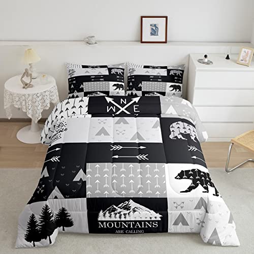 Feelyou Bear Print Comforter Set for Girls Boys Children Cartoon Bear Animals Comforter Decorative Bear Camper Hunting Bedding Set Arrow Tree Mountain Adventure Duvet Set Twin Size 2Pcs Quil