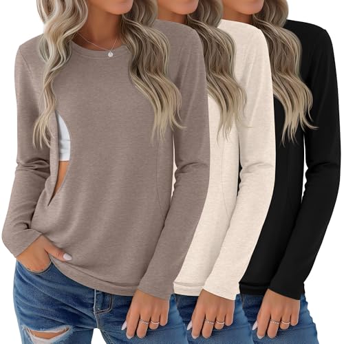 Sweetyweee 3-Pack Nursing Tops, Zipper, Long Sleeve, Knit