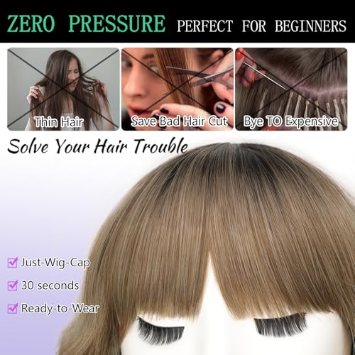 Image of AISI HAIR Synthetic Wavy Curly Bob Wig with Bangs Ombre Blonde Mixed Short Hair for Women Synthetic Heat Resistant Bob Wigs