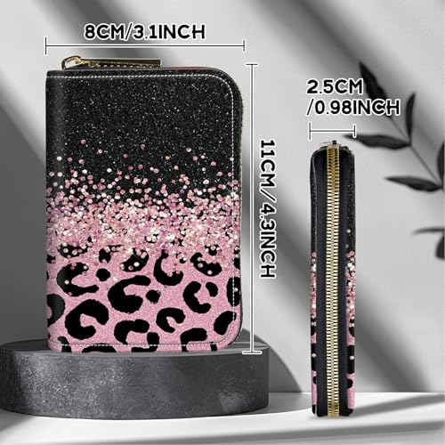 Image of Cute Credit Card Holder with Zipper, Pink Glitter Leopard RFID-Blocking Card Case Small Wallet for Women Men, Multi-slot Card Organizer Case Travel Accordion Wallet