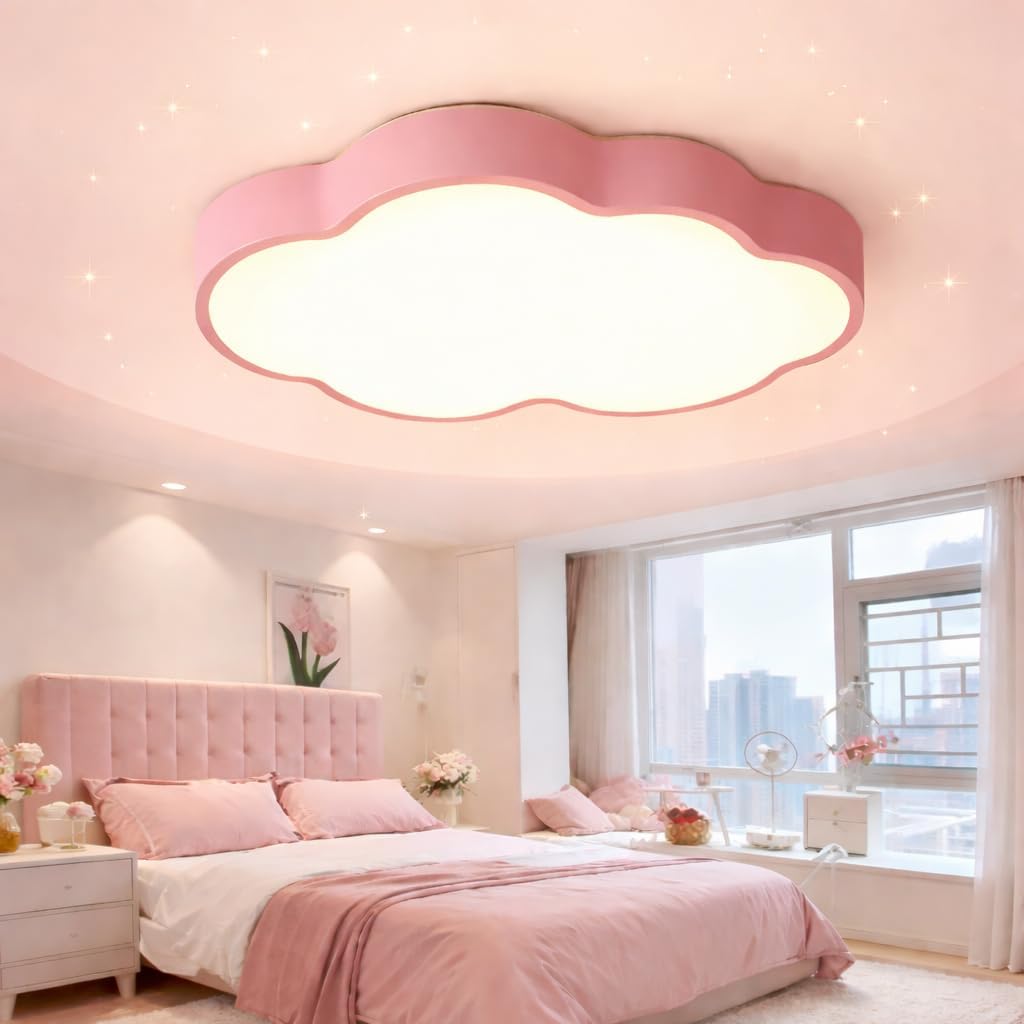 19in/36W Dimming Kids Room Cloud Design Ceiling Light,Pink Close to Ceiling Light Fixture with Remote LED Ceiling Lamp for Kids Bedroom/Kindergarten/Hallway/Balcony