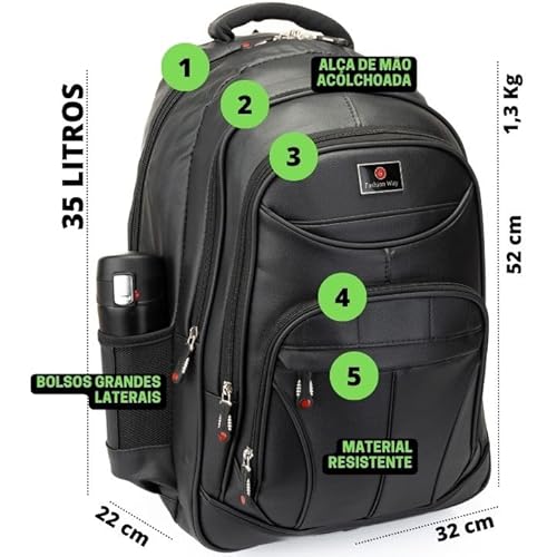 Mochila de Couro Masculina Executiva Reforçada Viagem Grande Preta para Trabalho Escolar