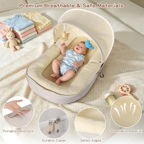 Image of Baby Lounger, Portable Foldable Infant Lounger for Newborn to Toddler(0-12 Month), Baby Nest with Removable Washable Cover for Home Travel Dual-Purpose