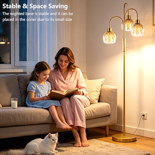 Image of 3-Light Glass Floor Lamp, 70 inch Gold Dimmable Standing Tall Lamp with Amber Glass Shades &3PCS 3000K Warm White Bulbs for Wedding /Party, Modern Tree Pole Lamp for Living Room Bedroom Home Decor