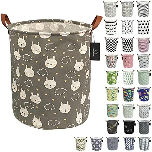 Collapsible Laundry Basket - GodenMoninG 62.8L Large Sized Round Waterproof Storage Bin with Handles,Home Decor,Toy Organizer,Children Nursery Hamper. (Grey Bunny)