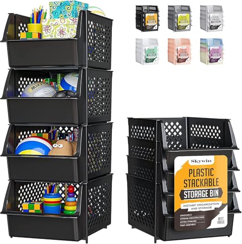 TidyFriend 4 Pack Stackable Storage Bins Open Front for Pantry Organizers and Storage, Pantry Storage for Food, Kitchen and Home Organization, Plastic Storage Bins, Dorm Room Essentials (Black)