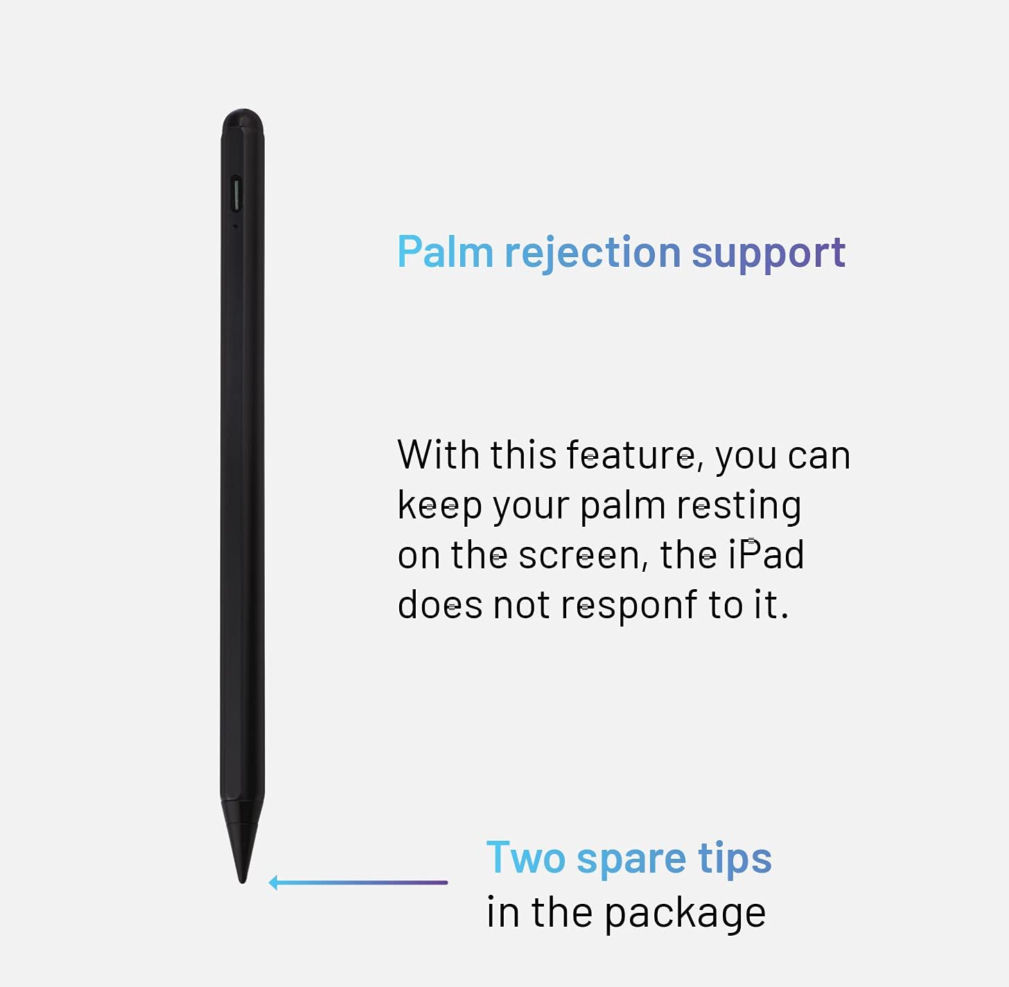 Close-up of the FIXED FIXGRA-BK Touchpen, highlighting its design and the feature of palm rejection support.