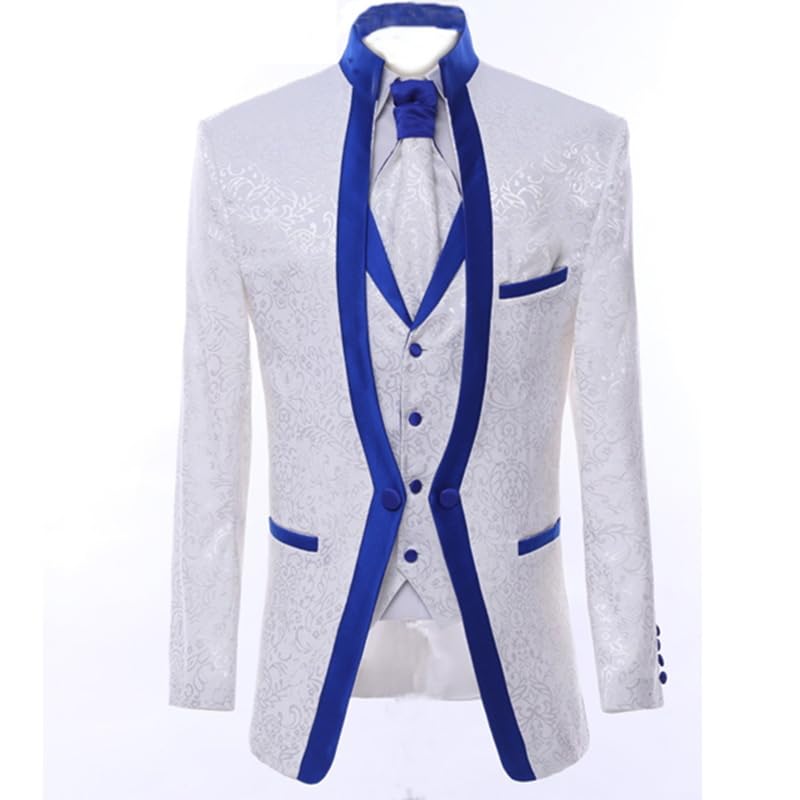 Men's 3-Piece Tuxedo Suit, White and Royal Blue, Formal Wedding Blazer with Vest and Pants4