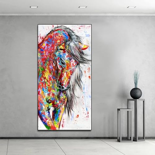 Peinture sur toile cheval rouge pour habiller un grand mur vide de salon avec cadre noir