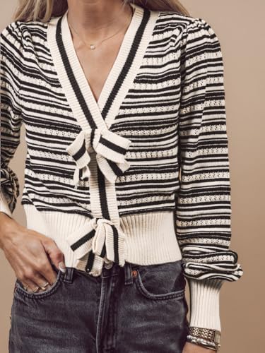 Image of ThCreasa Womens Long Sleeve Striped Cropped Sweater Bow Loose V Neck Knit Trendy Pullover Sweaters