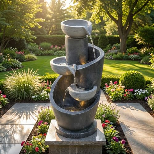 KOMHTOM Fontaine de Jardin, Cascade Exterieur avec LED, Aspect Pierre Naturelle en Resine, Pompe a Eau Incluse, Fontaine Zen Relaxante, pour Terrasse Balcon...