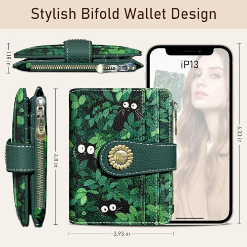 Image of Kelvoris Cute Green Black Cats Small Rfid Women Wallet Zipper Coin Pocket | Bifold PU Leather Compact Cash Credit Card Holder Travel Purse for Female Ladies Teen Girls 1 ID Window 10 Card Slots