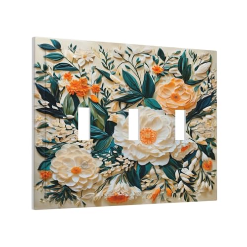 Decorative Switch Covers Plate Rustic Big Flowers Abstract Floral 3 Gang Wall Plate Oversized Triple Toggle Light Switch Plate Jumbo Faceplate for Country Bedroom Home Decor